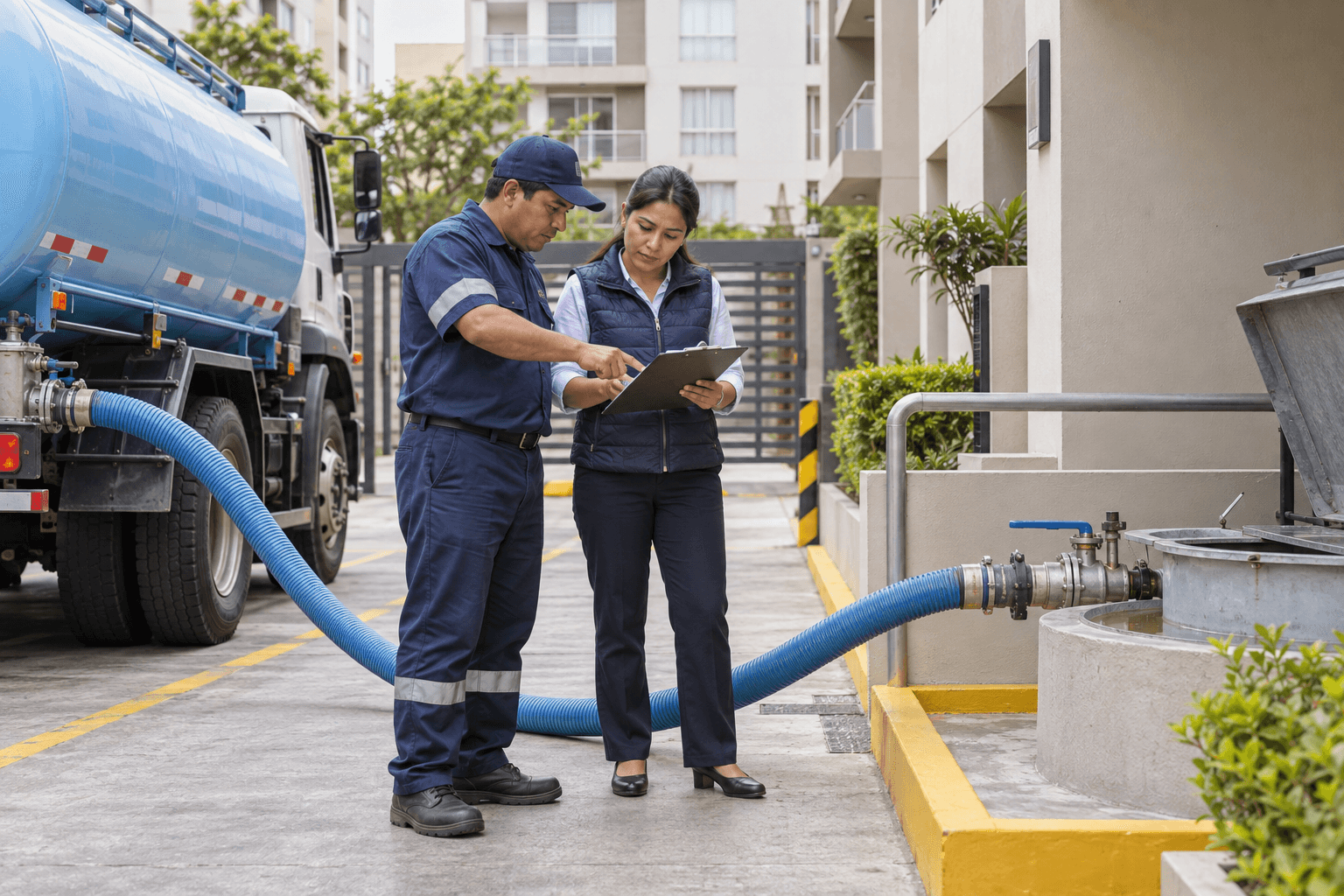 Administradora y operario verifican la recepción de agua potable de un camión cisterna en un condominio