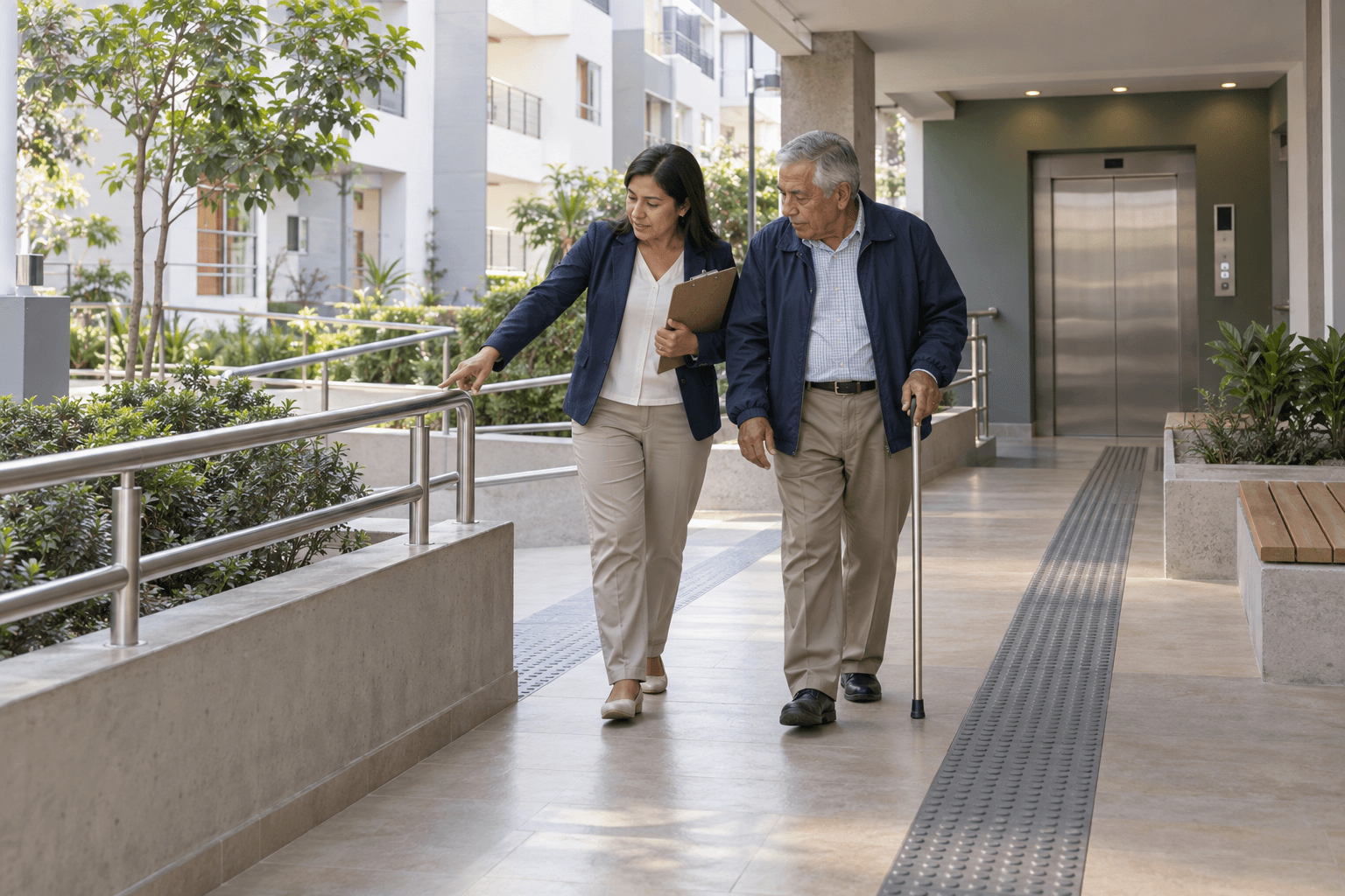 Administradora y residente mayor recorren una ruta accesible en las áreas comunes de un condominio