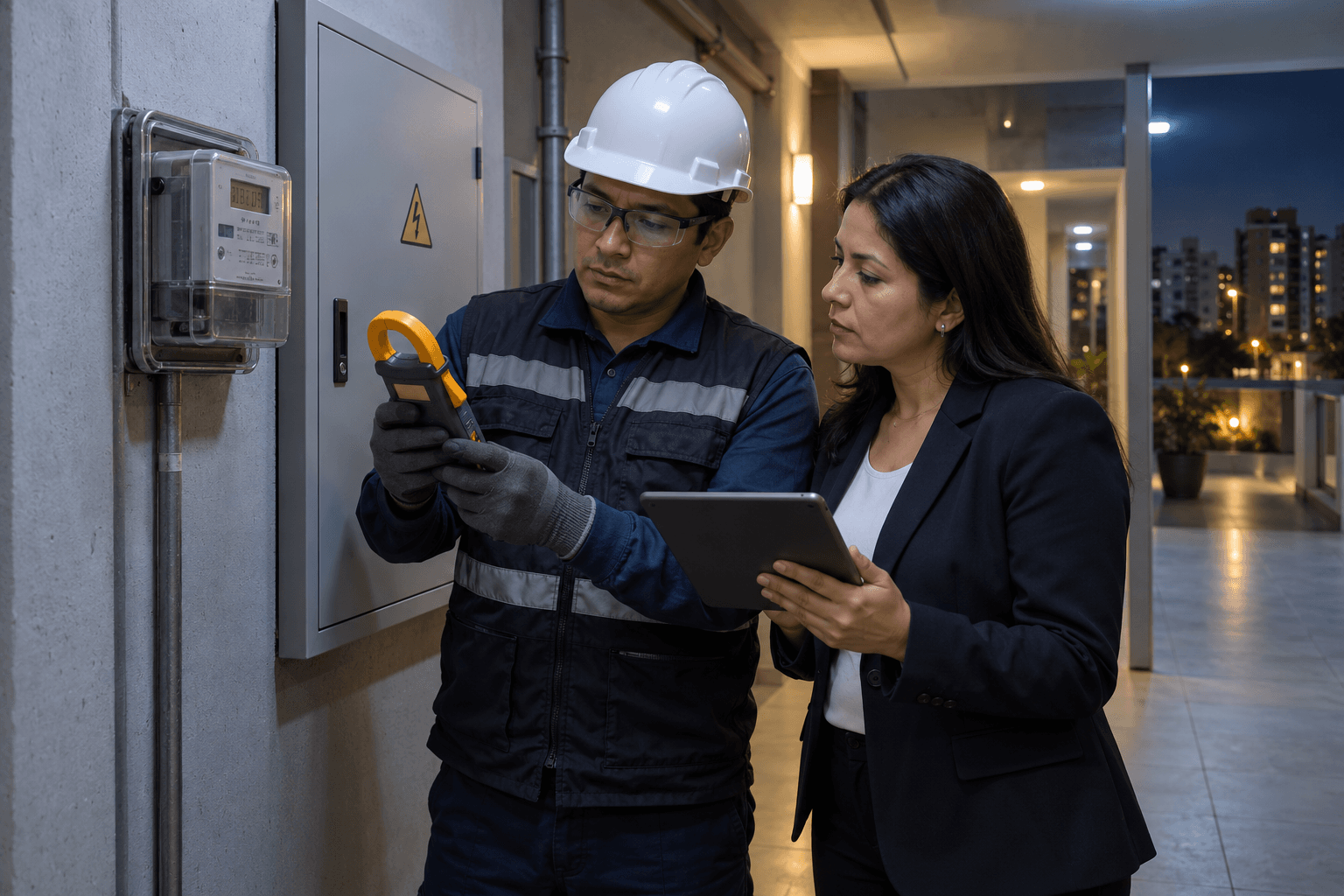 Administradora y técnico electricista registran el consumo nocturno de las áreas comunes de un condominio