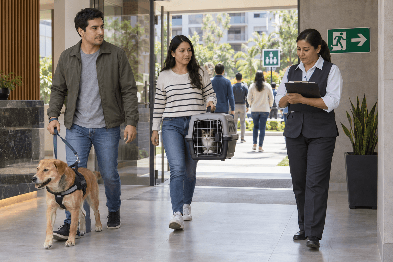 Residentes practican la evacuación de un perro con arnés y un gato en transportador mientras la administradora registra el simulacro