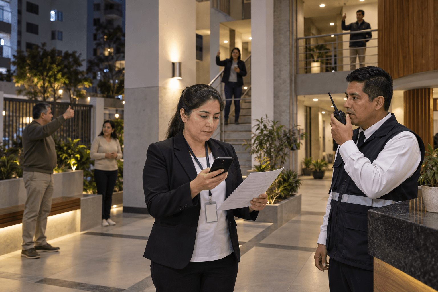 Administradora y conserje prueban la cobertura de alertas con un teléfono, una radio y una lista de control durante un simulacro nocturno