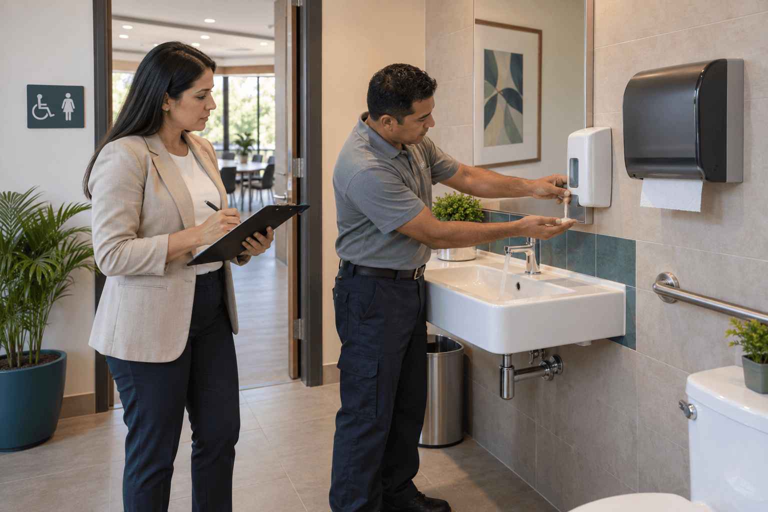 Administradora y técnico verifican agua, jabón y condiciones de uso en el baño accesible de un área común