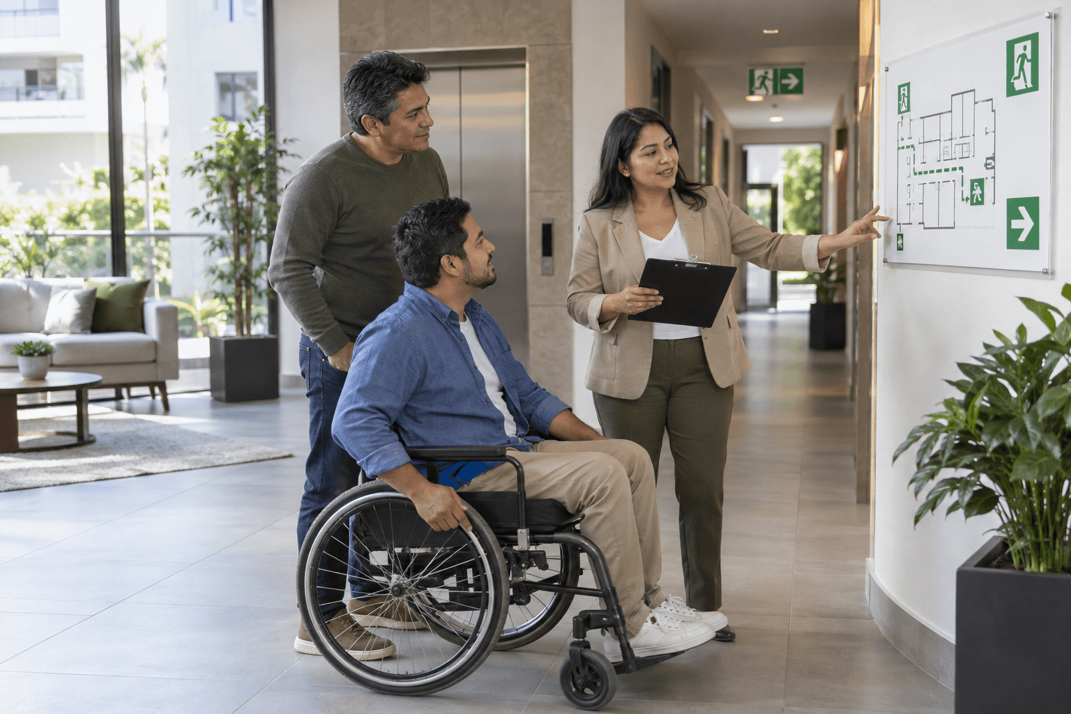 Administradora revisa una ruta de evacuación con un residente que usa silla de ruedas y otro vecino en el lobby de un condominio