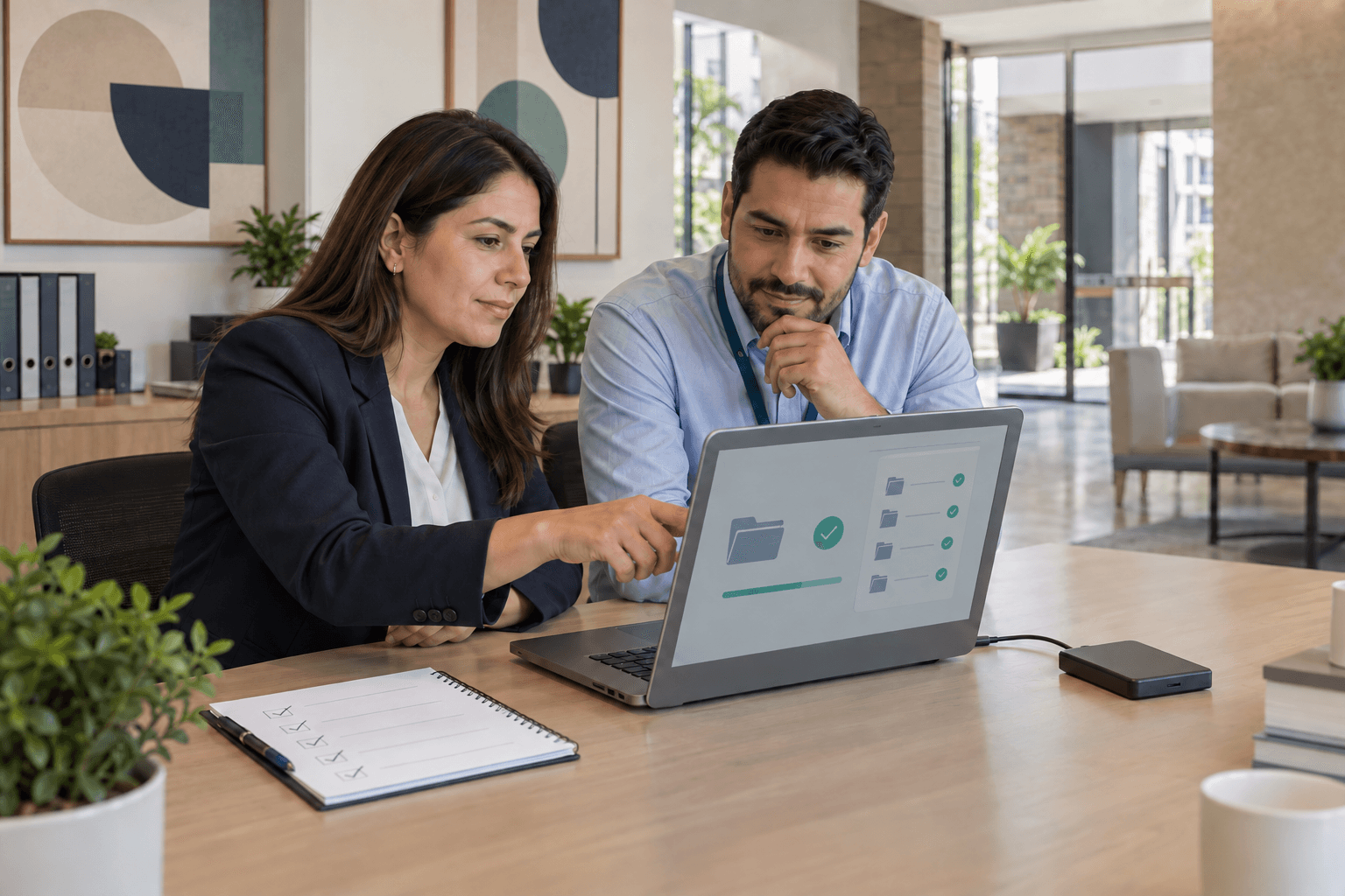 Administradores verifican en una laptop la restauración controlada de archivos operativos del condominio