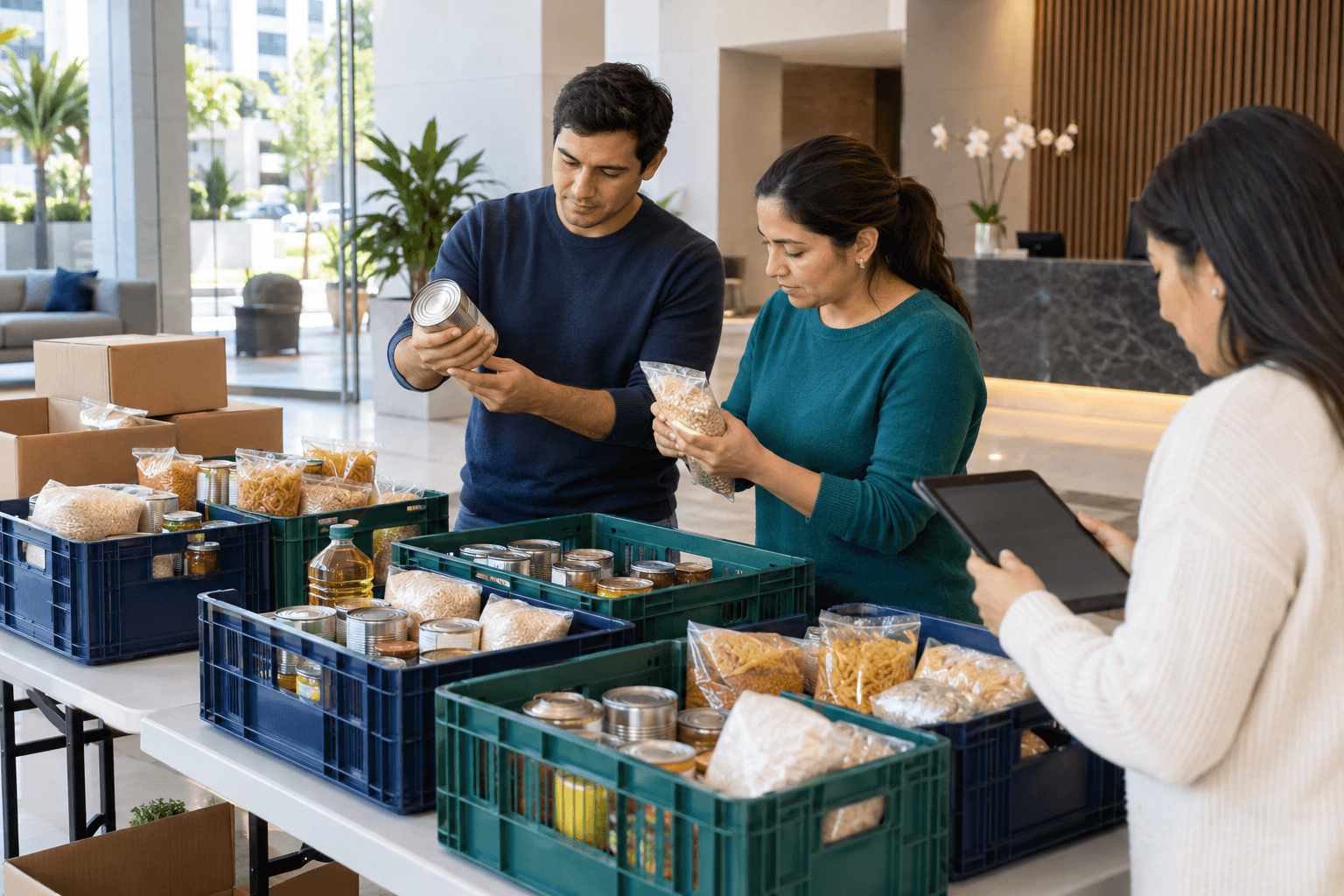 Voluntarios revisan y clasifican alimentos no perecibles sellados en el lobby de un condominio