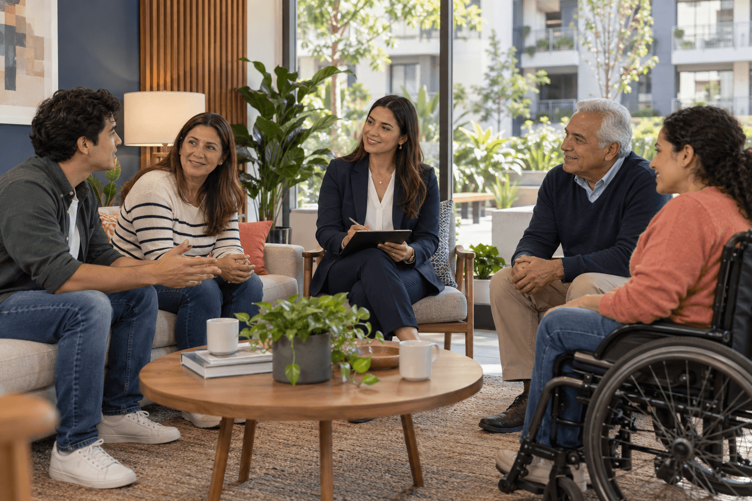 Residentes diversos y una administradora conversan en círculo en la sala común de un condominio