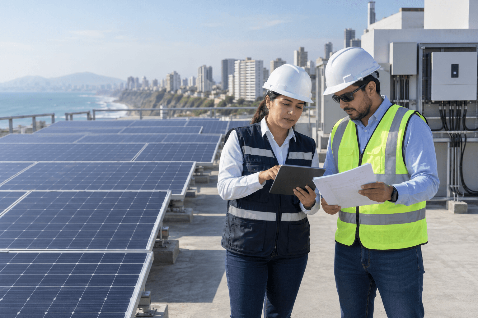 Administradora y especialista eléctrico revisan la recepción de un sistema solar en la azotea de un condominio