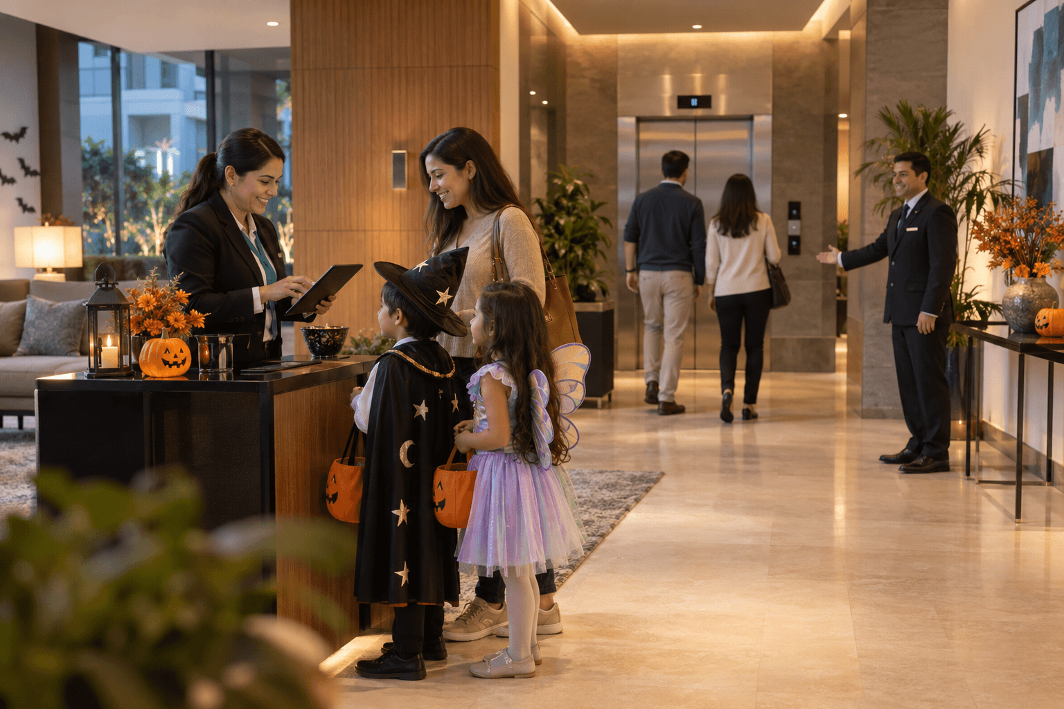 Administradora registra a una familia para una actividad de Halloween mientras conserjería mantiene libre el acceso del condominio