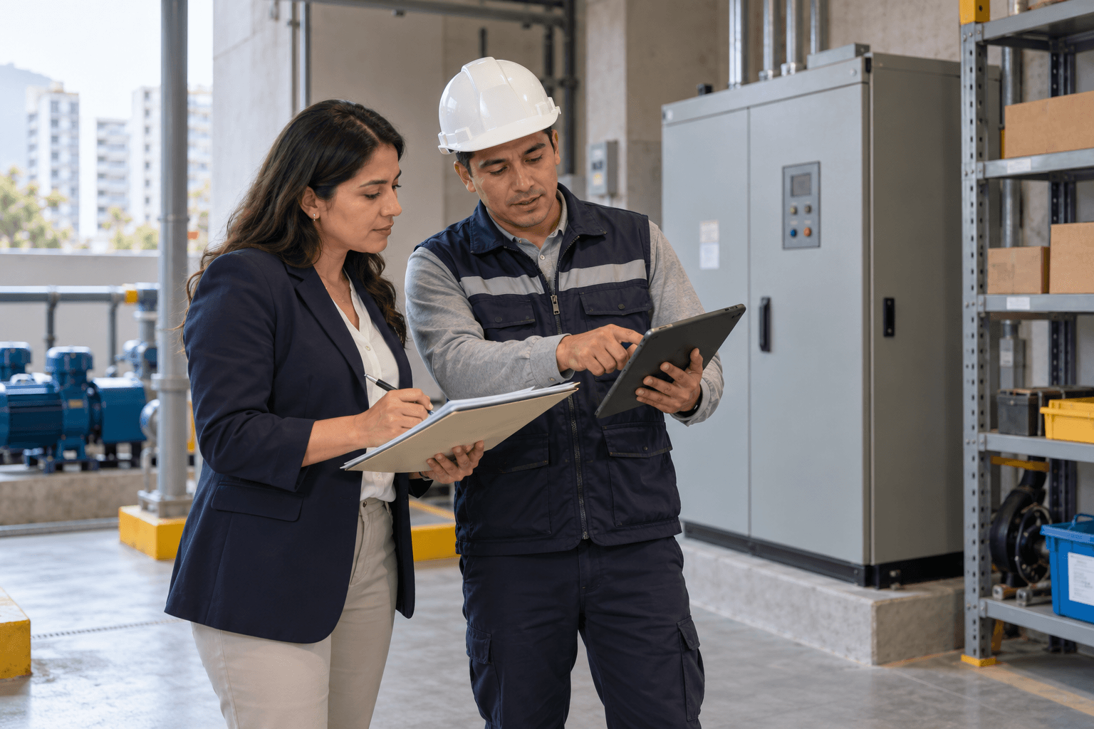 Administradora y técnico revisan el expediente de reparabilidad de equipos críticos en el cuarto técnico de un condominio