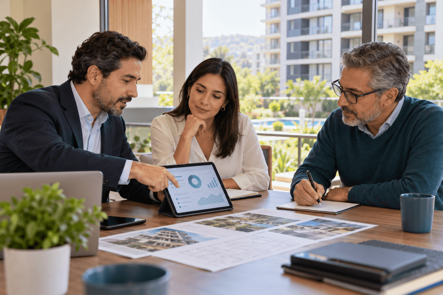 Administradora y dos miembros de junta revisan un dashboard operativo y registran una decisión del condominio