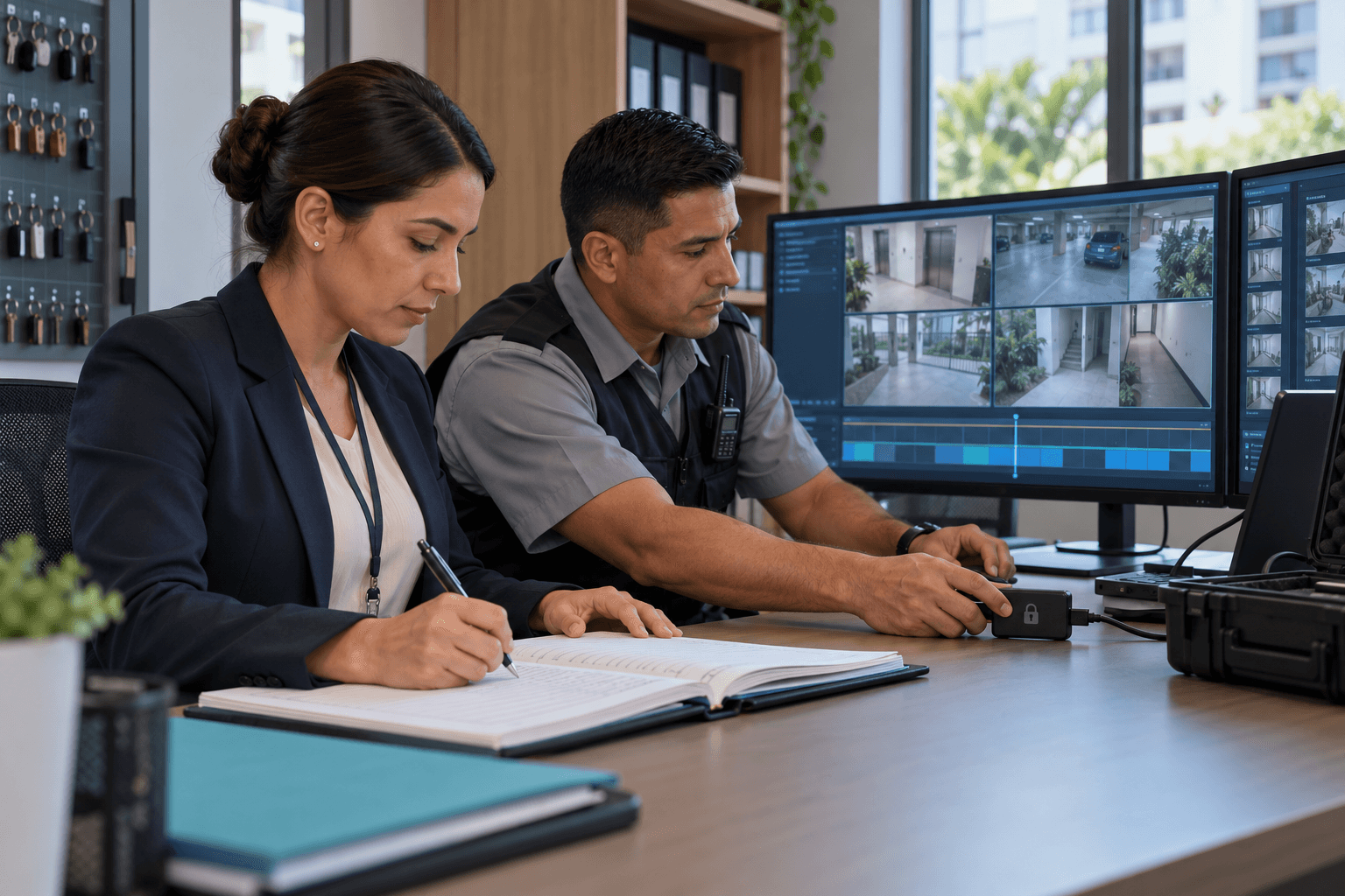 Administradora y supervisor de seguridad registran la exportación protegida de una grabación de videovigilancia del condominio