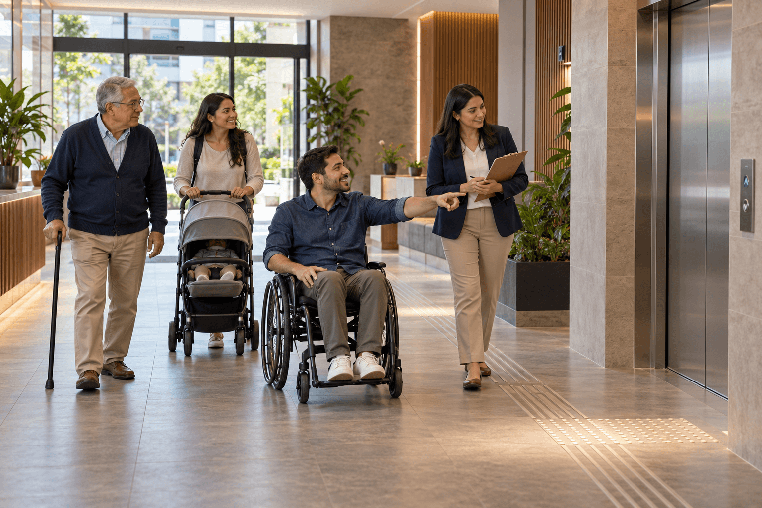 Residentes con distintas necesidades recorren junto a la administradora la ruta accesible entre el ingreso y el ascensor del condominio