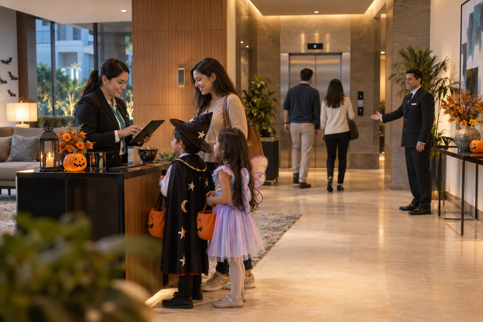 Familia llega a una actividad de Halloween organizada en el lobby del condominio