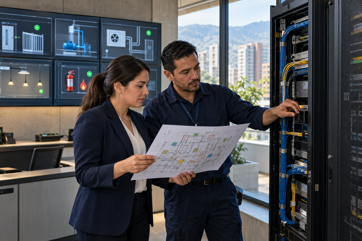 Administradora y técnico revisan el mapa de sistemas conectados de un condominio