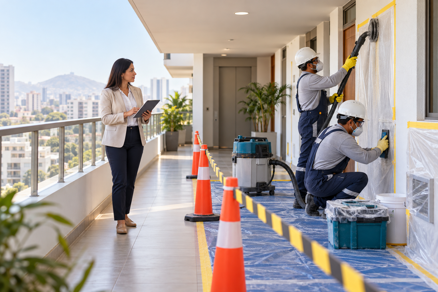 Administradora supervisa a técnicos que contienen el polvo durante la reparación de una pared en un condominio