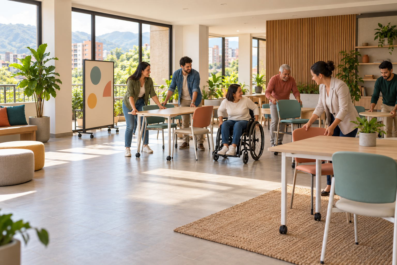 Residentes y administradora reorganizan mobiliario móvil en una sala común accesible para probar un nuevo uso del espacio